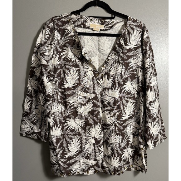 Michael Kors Tops - Michael Kors Brown White Linen Palm Shirt